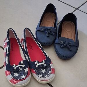 2 Pair Shoes. Arizona Jean Company Navy & Star-Spangled Moccasins + 1 M